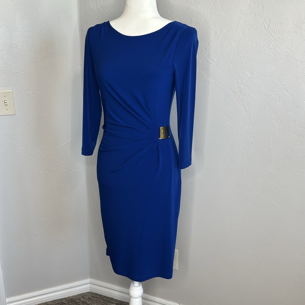 Blue cocktail dress stretchy washable boat neck